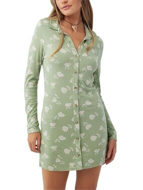O’Neill Sage Green & White Floral Button-Up Long Sleeve Dress Size Medium
